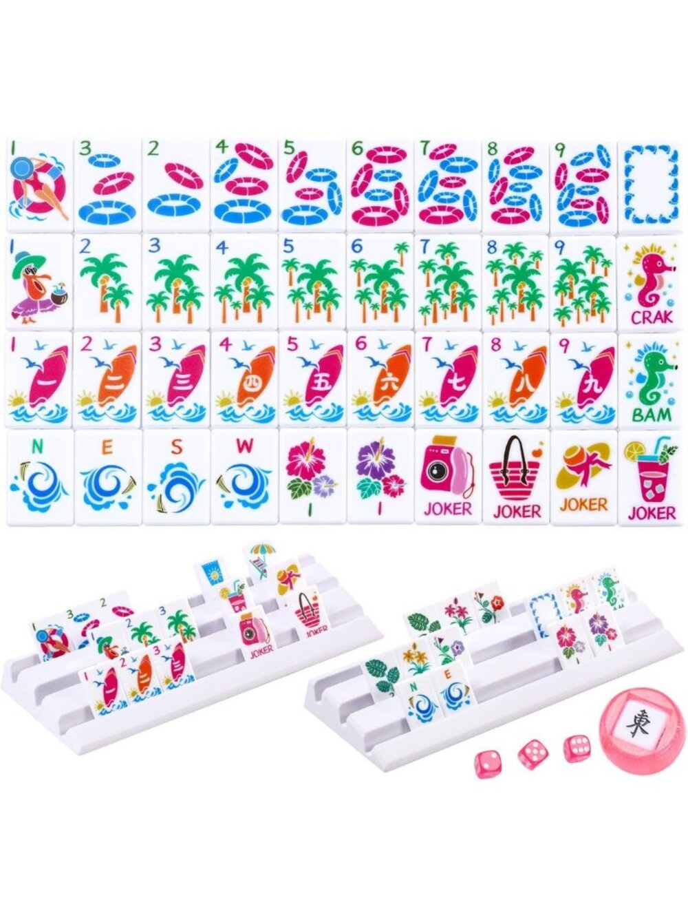 Portable Mahjong Set - 160 Thin Plastic Tiles, 4 Racks & Carry Bag, Beginner